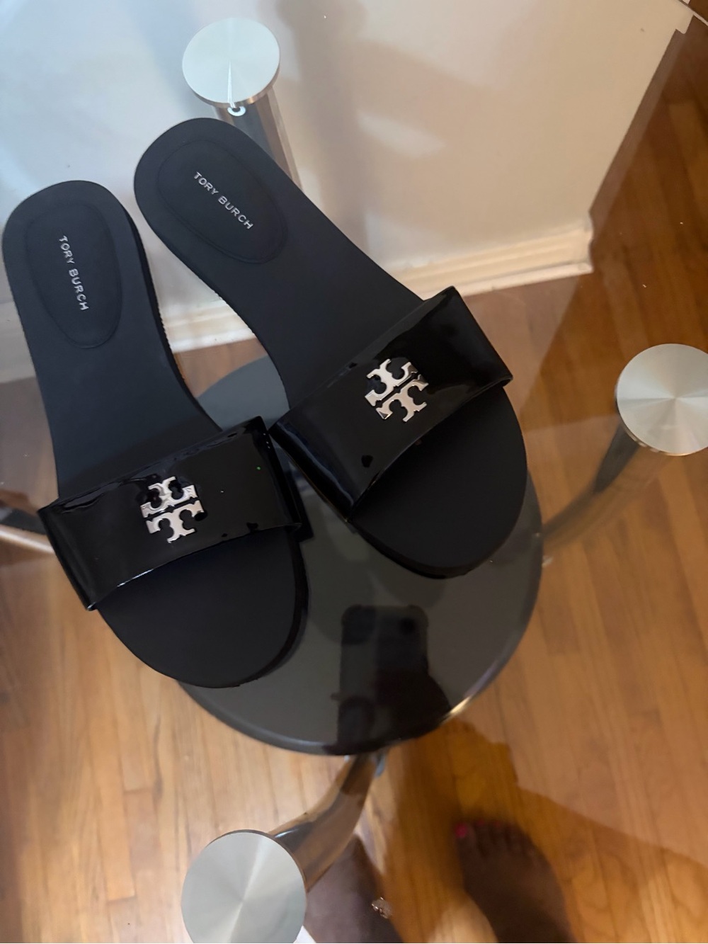 Tory Burch Black Patent Logo Slide Sandals